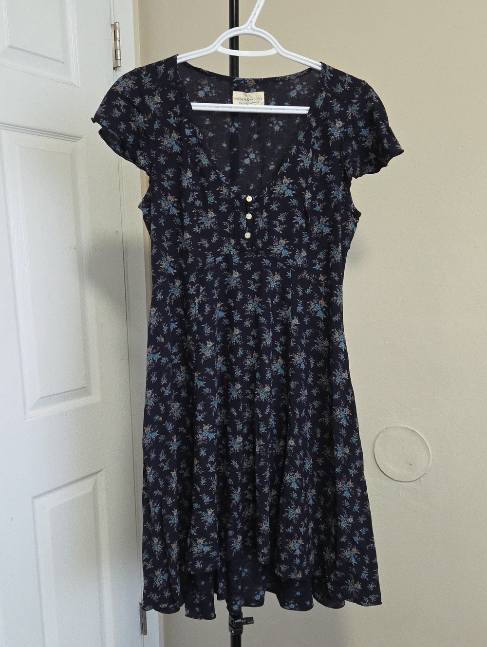 Denim & Supply Ralph Lauren Navy Floral Midi Dress with Light Blue Accents